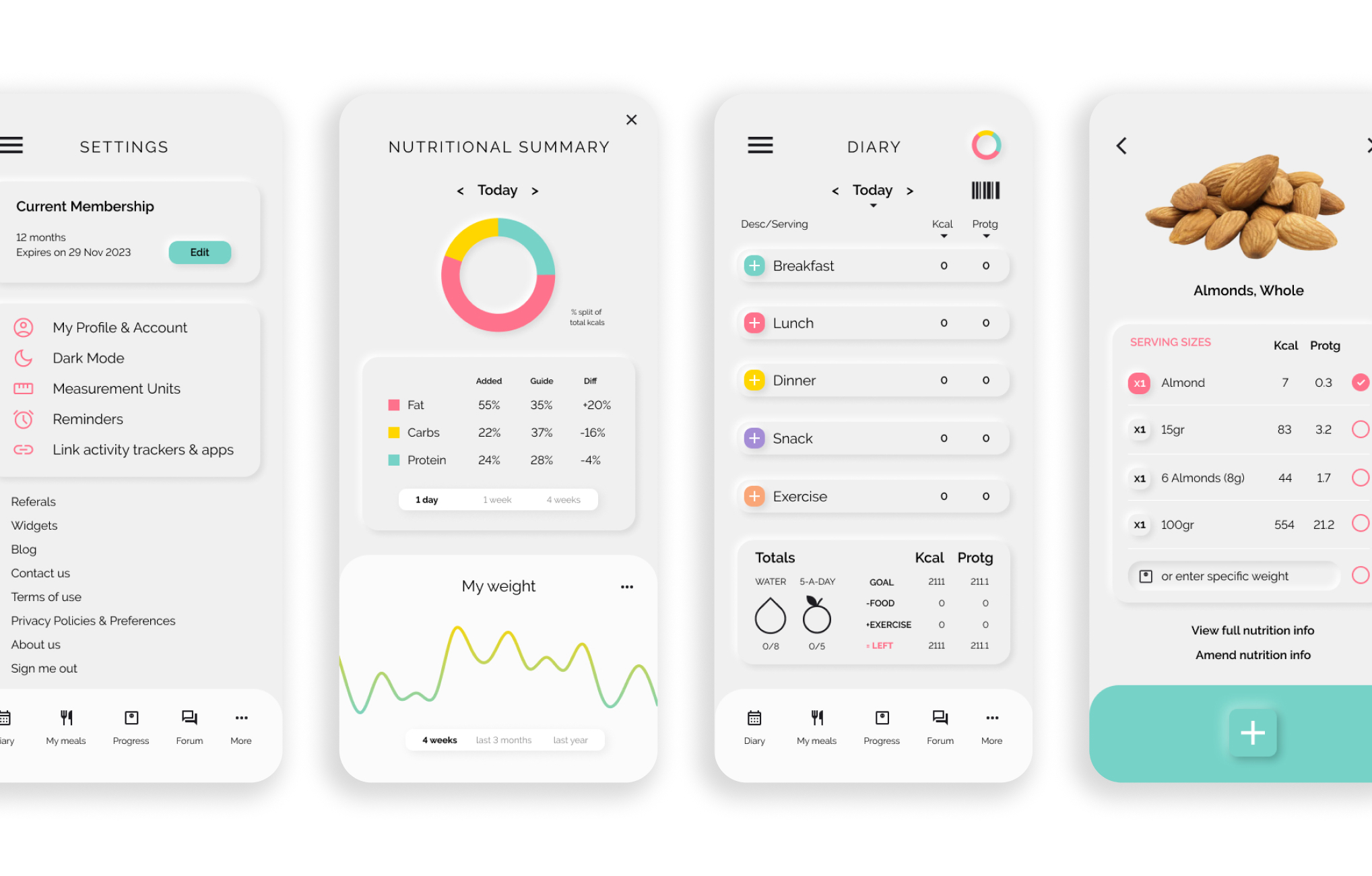 Calories app mobile interface screens