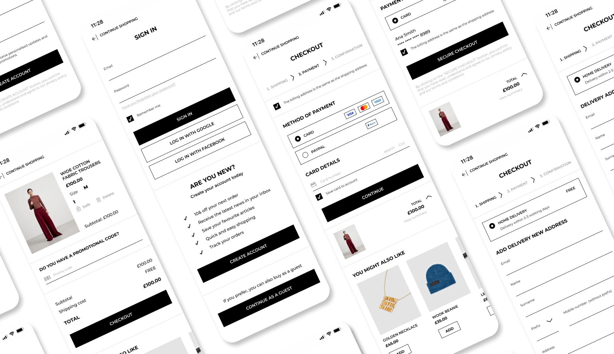 Fashion checkout mobile flow screens