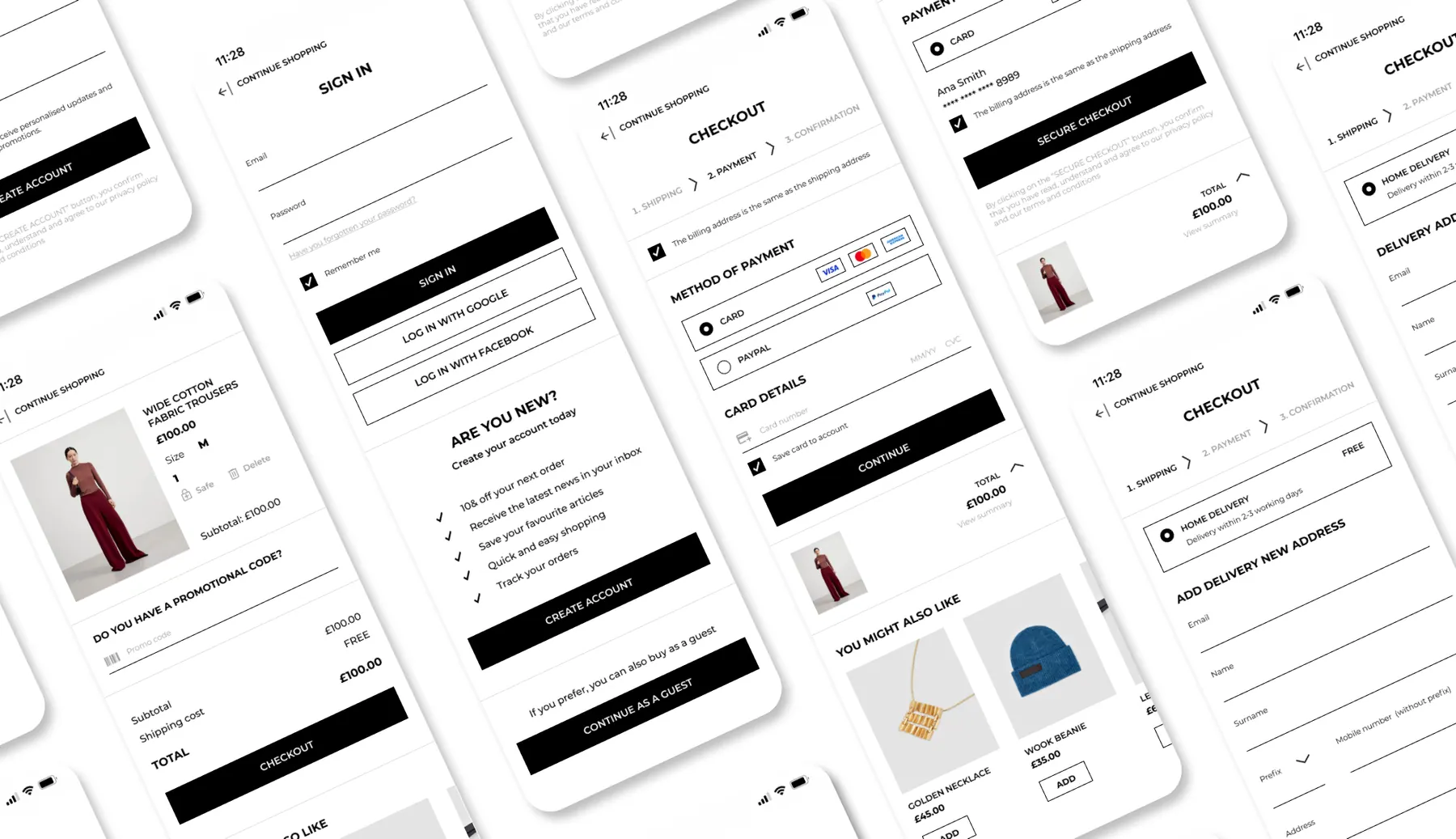 Fashion checkout mobile flow screens