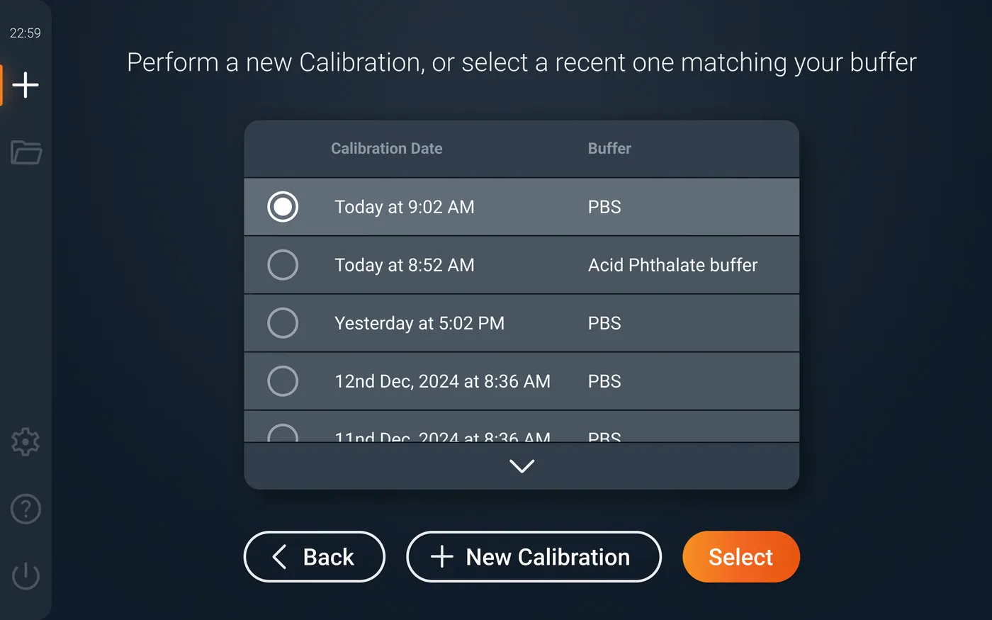 Select recent calibration interface